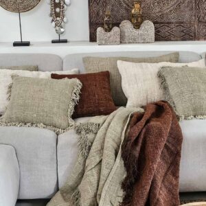 שמיכת פשתן ירוק זית עם שוליים עדינים 130x190 ס"מ